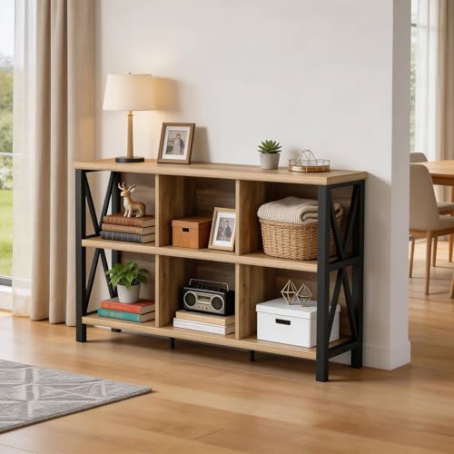 6 Cube Storage Organizer with Shelf, Long Wood and Metal Cubby Bookcase, Industrial Horizontal Bookshelf (Rustic Oak, 47 Inch)