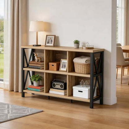 6 Cube Storage Organizer with Shelf, Long Wood and Metal Cubby Bookcase, Industrial Horizontal Bookshelf (Rustic Oak, 47 Inch)