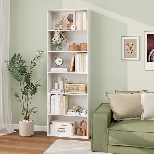6-Tier Bookcase, 70” Tall Freestanding Bookshelf with 6 Open Shelves, Anti-Toppling Kits, Floor Display Storage Organizer for Living Room, Study, Kitchen, Home & Office (White, 70" H)