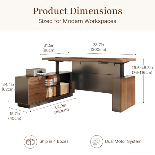 79" L-Shaped Executive Standing Desk, 4 Memory Presets, File Drawer, Power, view 3
