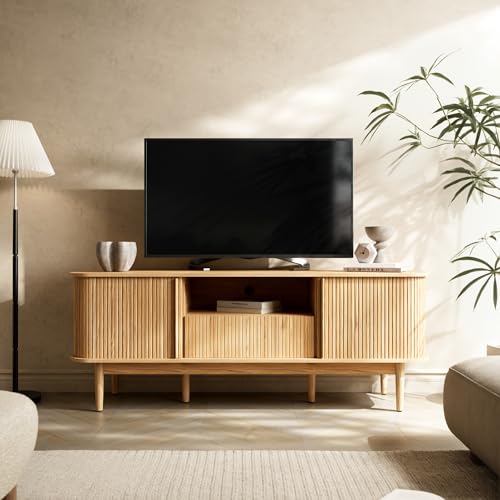 Modern TV Stand for 45/55/70 inch TV, Entertainment Center with Sliding Doors and Storage, Wood TV Stand for Bedroom, Living Room, Natural