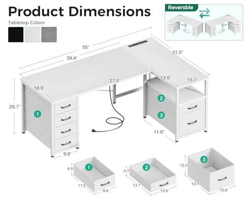 55 Inch L Shaped Office Desk with 6 Drawers, Power Outlet, White, view 4