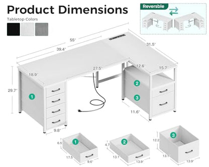 55 Inch L Shaped Office Desk with 6 Drawers, Power Outlet, White, view 4