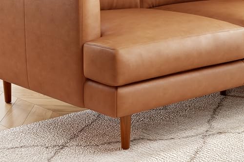 Valencia Grosseto 87” Cognac Tan Brown 3 Seater Full Leather Sofa | Mid Century Italian Nappa Leather Couch for Living Room Furniture | Double Stitched Seams, Removable Cushions