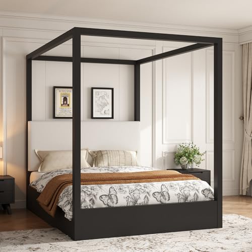 Queen Size Canopy Platform Bed with Upholstered Headboard, Black, view 6