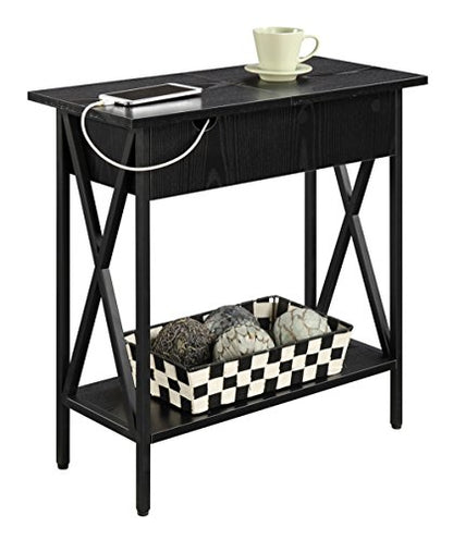 Tucson Flip Top End Table with Charging Station 23.75" - Modern Living Room Table with Storage Shelf, Side Table Side Table, Black/Black