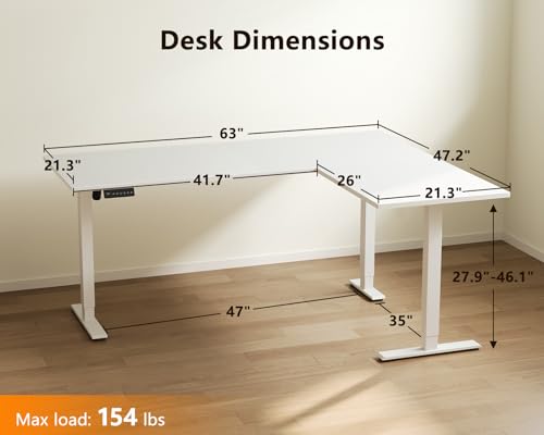 63 Inch L Shaped Electric Standing Desk, Home Office, White, view 4