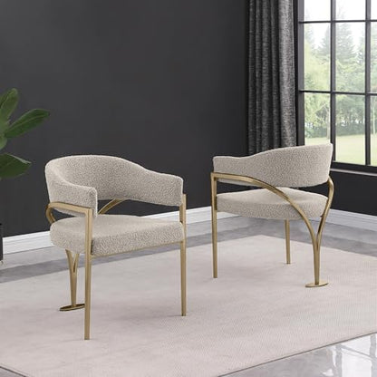 Furniture Modern Upholstered Chair in Gray Boucle Fabric with Gold Legs – Versatile Living Room & Dining Room Seating – Set of 2