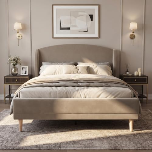 Queen Upholstered Bed Frame with Wingback Headboard, Taupe, view 2