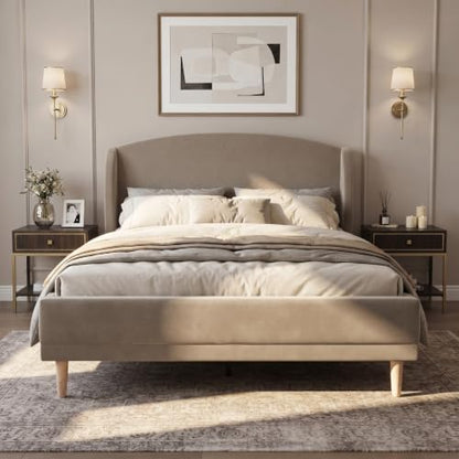 Queen Upholstered Bed Frame with Wingback Headboard, Taupe, view 2