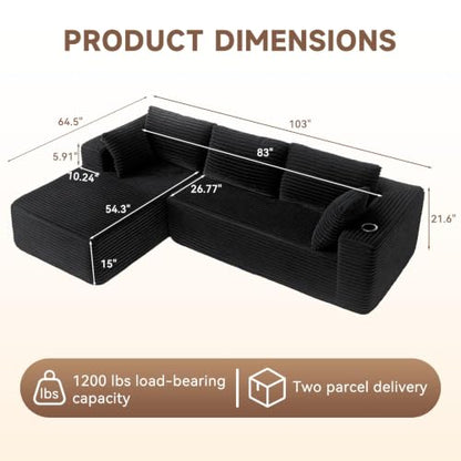 106" L Shaped Cloud Sectional Couch with Chaise, Corduroy Boneless Couch with Wide Armrests and Cup Holders for Living Room Bedroom, No Assembly Required (Black)
