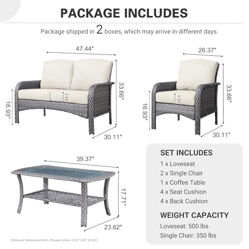4-Piece Patio Furniture Set, Outdoor Wicker Sofa with Chairs Coffee Table, High Back Rattan Couch Loveseat with Comfy Cushions for Porch Yard Deck, Beige