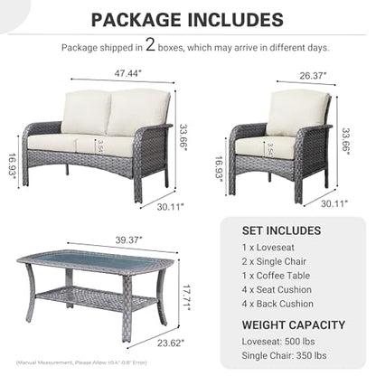 4-Piece Patio Furniture Set, Outdoor Wicker Sofa with Chairs Coffee Table, High Back Rattan Couch Loveseat with Comfy Cushions for Porch Yard Deck, Beige