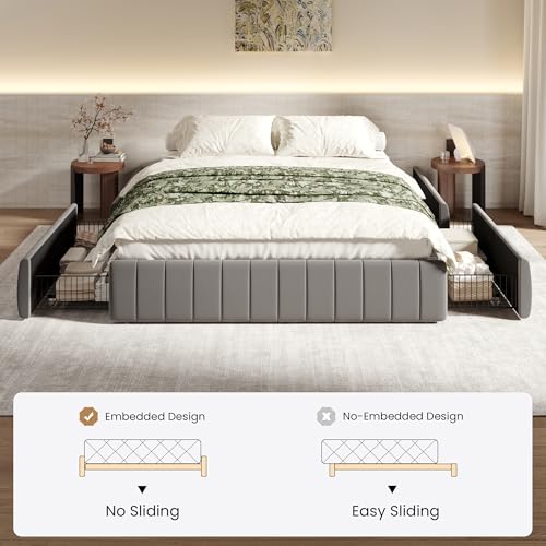 Full Size Velvet Upholstered Platform Bed Frame with 4 Storage Drawers, Vertical Channel Tufted, Low Profile, Fits Standard Headboards, Wooden Slats Support, Easy Assembly, Grey
