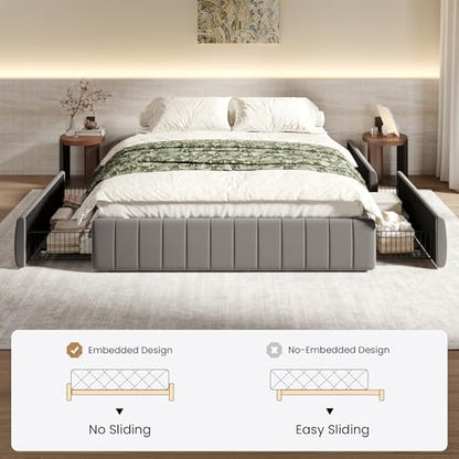 Full Size Velvet Upholstered Platform Bed Frame with 4 Storage Drawers, Vertical Channel Tufted, Low Profile, Fits Standard Headboards, Wooden Slats Support, Easy Assembly, Grey