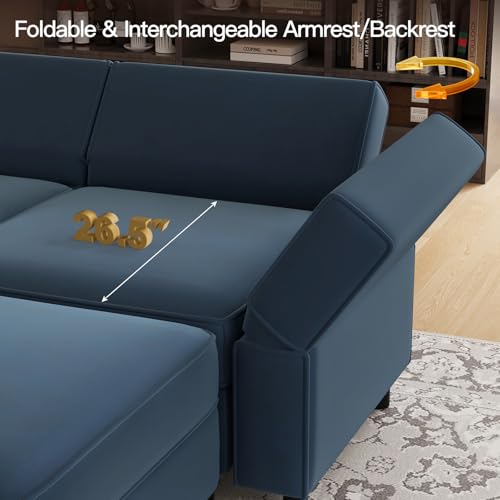 Modular Velvet Sectional Sofa with Chaise Lounge Sectional Sleeper Sofa with Storage Chaise Bed Couch for Living Room Blue