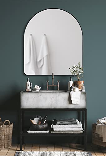 Zayda Modern Round Arch Framed Statement Wall Mirror, 32 x 36, Black, Metal Minimalist Farmhouse Arched Wall Mirror with Smooth Curves