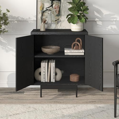 28" Fluted Accent Cabinet, Ribbed Modern Sideboard Buffet Cabinet with 2 Doors and an Adjustable Shelf for Living Room, Dining Room, Bedroom or Entryway, Natural Black