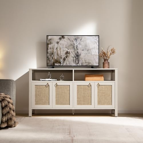 White Rattan TV Stand Entertainment Center Cabinet with 4 Doors, view 4