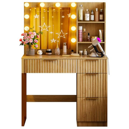 34in Fluted Makeup Vanity Desk with Mirror & Lights & Power Outlet, Small Vanity Table w/ 4 Drawers & 2 Storage Shelves,Oak Modern Dressing Table Set Charging Station for Bedroom