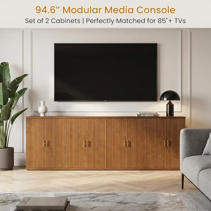94.6" Walnut Fluted Sideboard Buffet Cabinet with Storage and 8 Doors, view 4