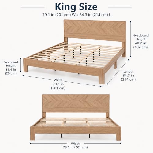 King Size Bed Frame with Headboard, Oak Color Platform Bed, Modern Design, view 3