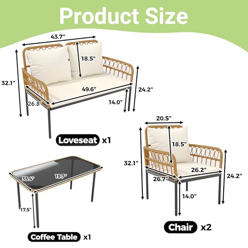 4-Piece Outdoor Patio Furniture Set, All-Weather PE Rattan Wicker Loveseat & Chairs with Glass Coffee Table & Steel Frame, Boho Conversation Set for Patio, Balcony, Backyard, Beige