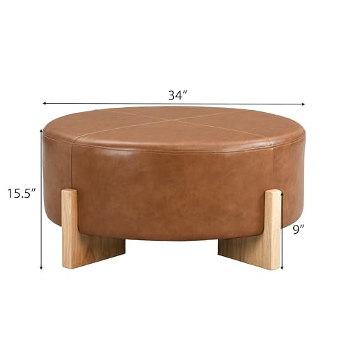Holmes Modern Faux Leather Upholstered Ottoman Coffee Table, Wooden Round Cocktail Ottoman, Large Living Room Sofa Footstool/Footrest, Brown+Natural