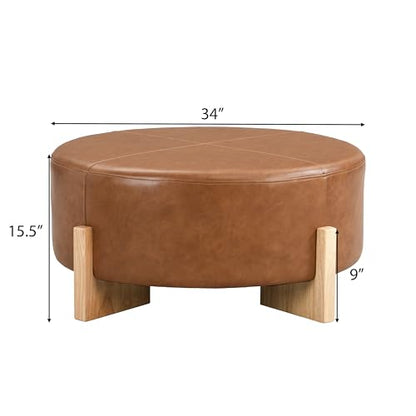 Holmes Modern Faux Leather Upholstered Ottoman Coffee Table, Wooden Round Cocktail Ottoman, Large Living Room Sofa Footstool/Footrest, Brown+Natural