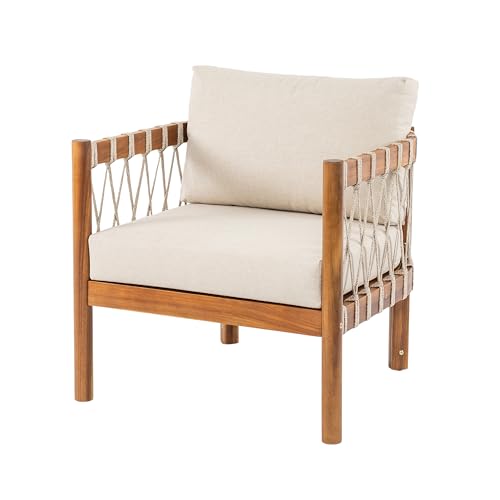 Coastal Haven Acacia Wood Lounge Chair Outdoor with Removable Cushion, Wooden Patio Accent Chair with Woven Rope Details, Outdoor Armchair for Patio Furniture Set, Teak+Beige