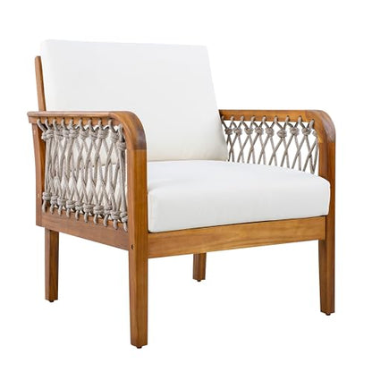 Arami Acacia Wood Lounge Chair Outdoor with Removable Cushion, Solid Wood Patio Accent Chair with Rope Weave Design, Patio Furniture Set Sofa Chair, Beige+Cream+Teak