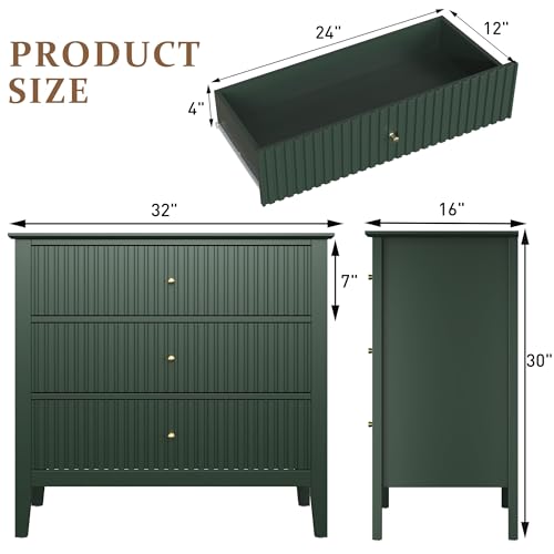 Fluted 3 Drawer Dresser, 32 inch Wide Dresser Nightstand for Bedroom, view 3