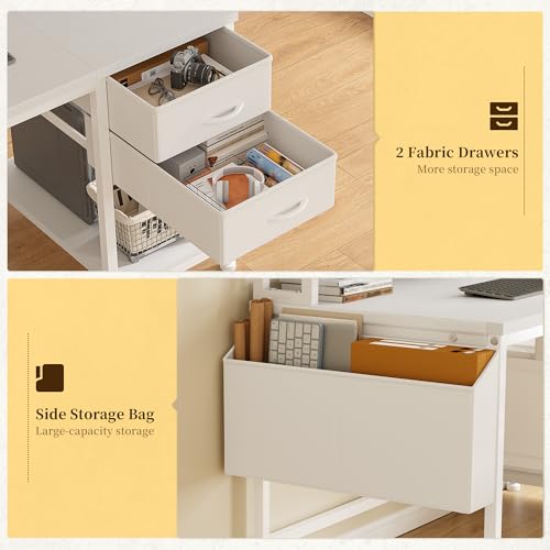 40" White Desk with File Drawers & Storage Bag, Reversible Computer Desk with Monitor Stand,Home Office Desk with LED Strip & Power Outlets for Bedroom, Small Space, Study, Handwork