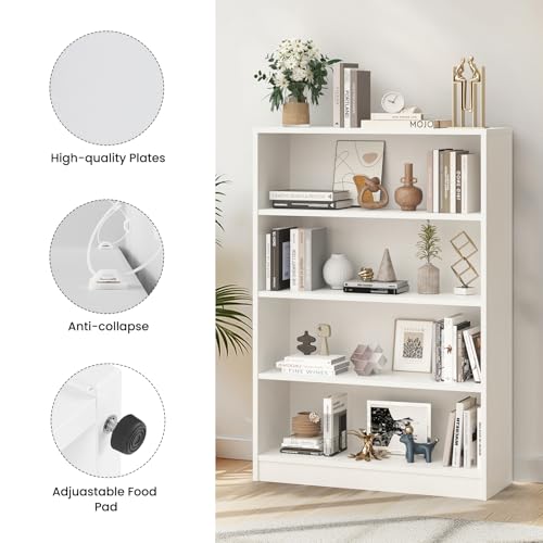 48 Inch Tall 4-Shelf Bookcase, Wood Bookshelf Storage Organizer Adjustable Shelf for Home Office, Study Room, Easy Assembly,White