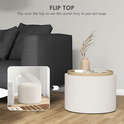 Round Storage Ottoman with Flip Top Tray, Upholstered Fabric Foot Stool, Small Coffee Table with Hidden Compartment, Accent Vanity Stool for Living Room, Cream White