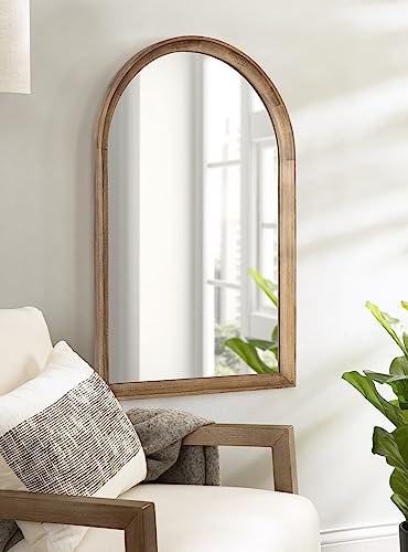 Hatherleigh Modern Transitional Arched Wooden Wall Mirror; 24 x 36; Rustic Brown; Decorative Wood Arch Mirror for Use in Bathroom; Entryway; or Bedroom