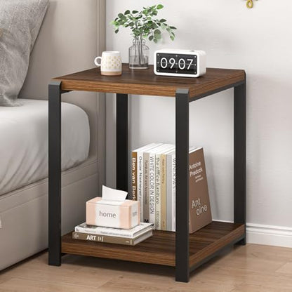 Modern End Table, Square Side Table with Storage Shelf for Living Room, Rustic Wood Night Stand for Bedroom, Walnut