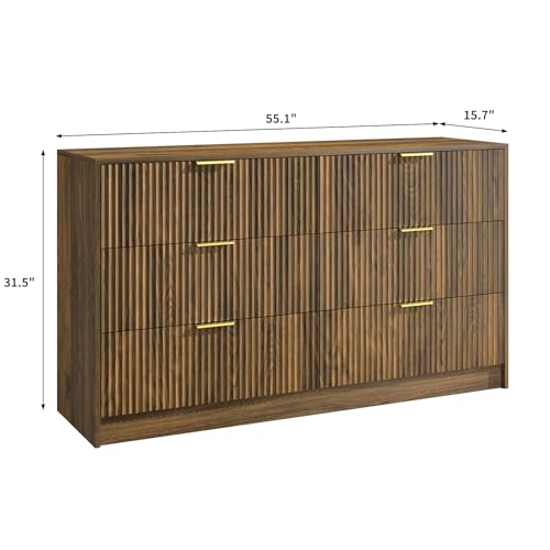 3-Piece Modern Bedroom Furniture Set, Wide 6-Drawer Dresser & 1-Drawer Nightstands Set of 2, Natural Wood Dresser and Nightstand Sets for Bedroom, Hallway, Walnut