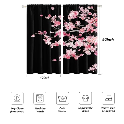 Pink Cherry Blossom Window Curtains 42" W x 63" L Black Floral Sakura Tree Japanese Anime Gothic Style Rod Pocket Drapes for Living Room Bedroom Fabric 2 Panels