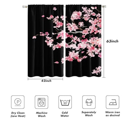 Pink Cherry Blossom Window Curtains 42" W x 63" L Black Floral Sakura Tree Japanese Anime Gothic Style Rod Pocket Drapes for Living Room Bedroom Fabric 2 Panels