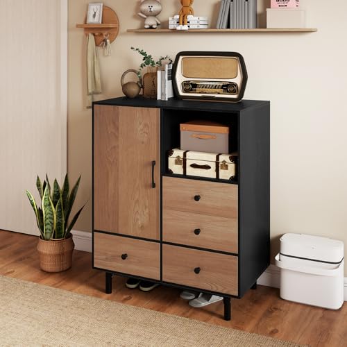 Storage Cabinet with 4 Drawers, Door and Open Compartment, 18" x 31.5" x 38.5" Inches, Metal Support Legs, Freestanding Side Cabinet, Buffet Sideboard for Living Room, Dining Room, Entryway