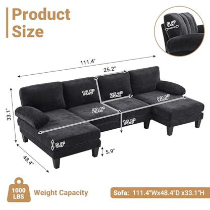 110" Sectional Couches for Living Room,U Shaped Couch with Double Chaise, 4-Seat Sofa Set with Chenille Fabric for Home Furniture,Black