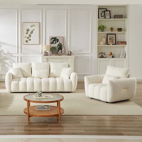 Teddy Sofa Set for Living Room, Modern Deep Seat Sofa Chair and Oversized 3-Seater Cloud Boucle Couch for Bedroom, Office, Apartment, Furniture Set, Beige (2 Piece)