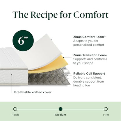 Zinus 6 Inch Foam and Spring Hybrid Mattress [New Version], Twin, Medium Firmness, Durable Support, Certified Safe Foams & Fabric, Mattress in A Box, White