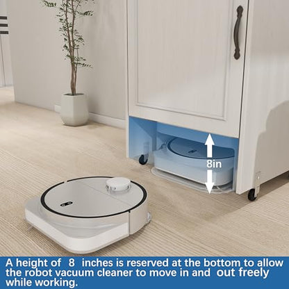 Robot Vacuum Storage Cabinet with Wheels - Antique White Side Table with Drawer & Doors for Living Room, Kitchen, Office