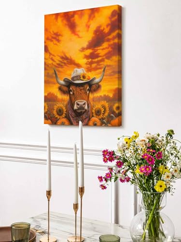 NuYeBiofx Thanksgiving Pumpkin Farm Yak Canvas Wall Art Prints,30"x20" Framed Picture Artwork Gradient Orange Sky Printed Canvas Oil Painting for Living Room Bedroom Office,Ready to Hang