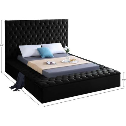 Meridian Furniture Bliss Collection Modern | Contemporary Velvet Upholstered Bed with Deep Button Tufting and Storage Compartments in Rails and Footboard, Black, Queen