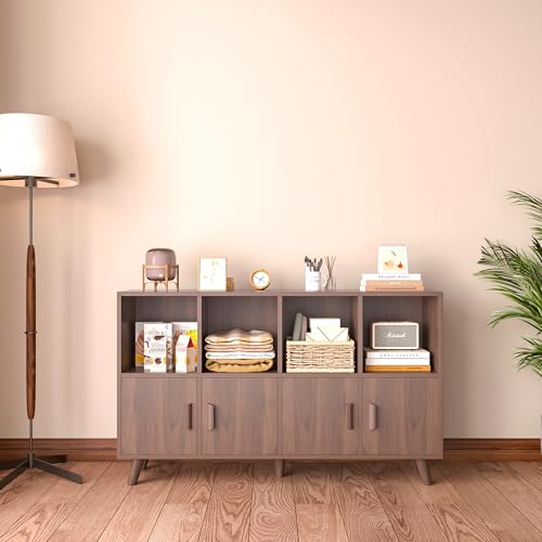 8-Cube Bookcase with Doors, 2-Tier Low Storage Cabient, Walnut, view 4