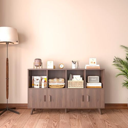8-Cube Bookcase with Doors, 2-Tier Low Storage Cabient, Walnut, view 4