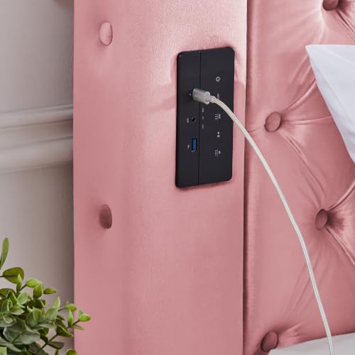 Queen Size Velvet Canopy Bed with Button Tufted Headboard, Pink, view 8